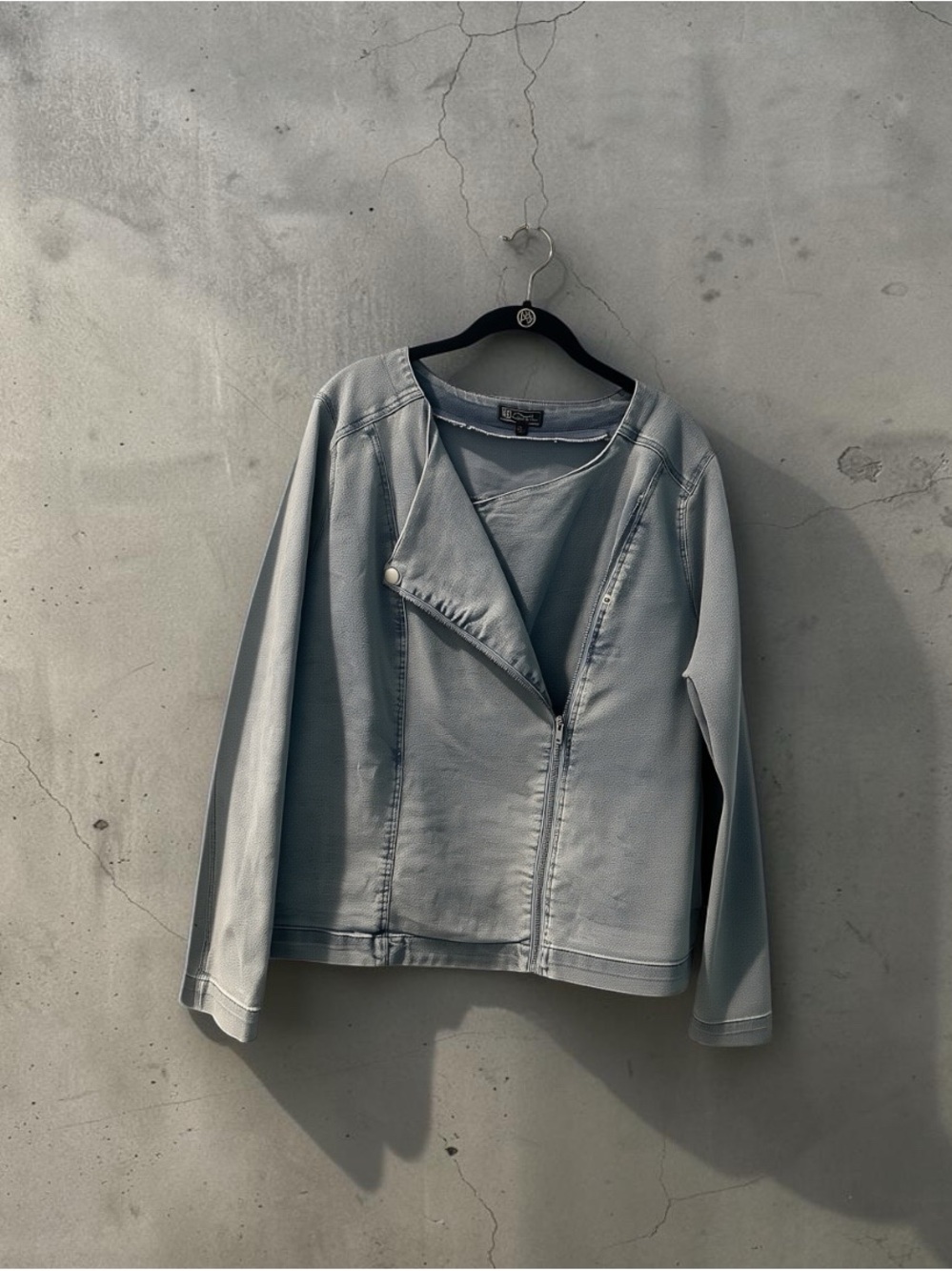 DG2 Diane Gilman Collarless Stretch Denim Moto Jacket XL Chambray